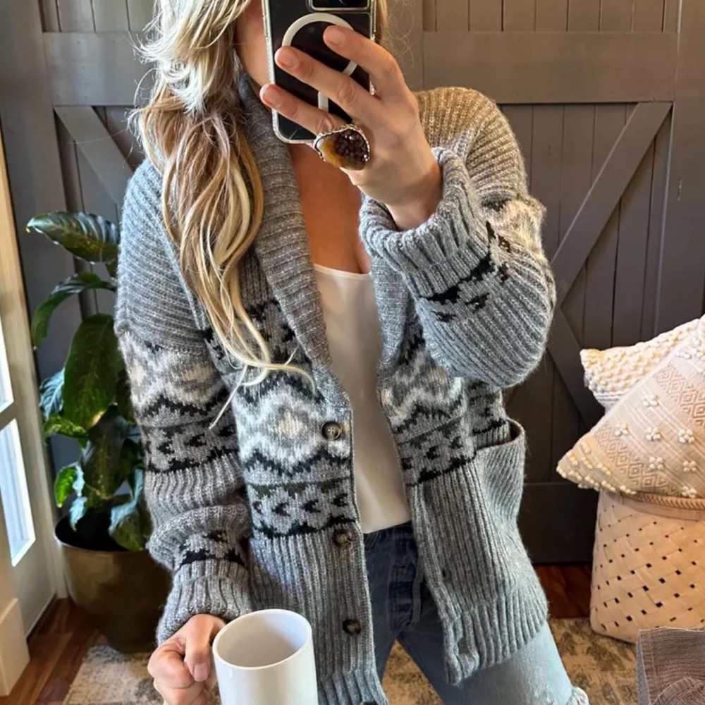 Western Cowichan Print Long Grey Cardigan Sweater Thick Chunky Knit